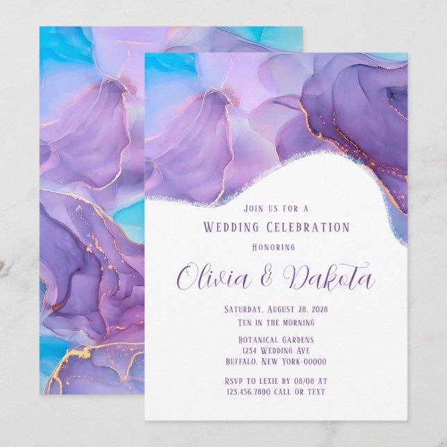 Invitación del Boda de tinta de alcohol morado Ver (Anverso / Reverso)