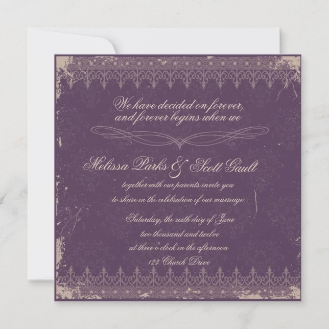 Invitación del boda del damasco de la berenjena de (Anverso)
