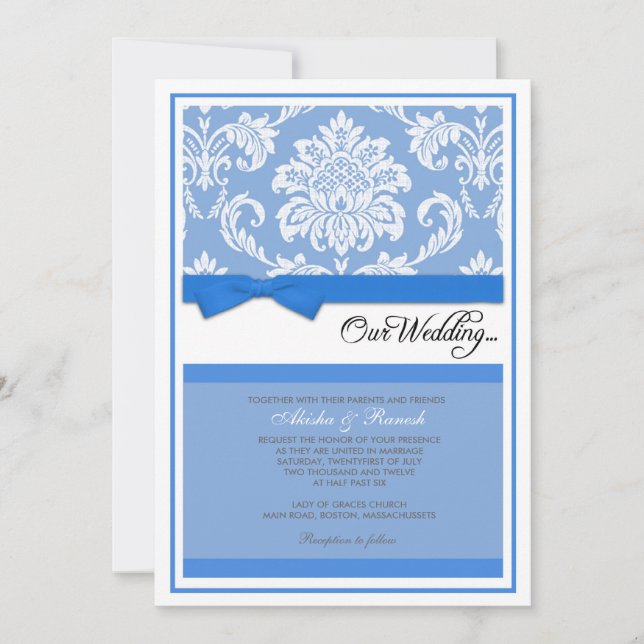 Invitación del boda del damasco en azul (Anverso)