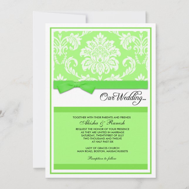 Invitación del boda del damasco en verde (Anverso)
