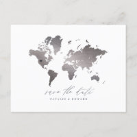 Invitación del boda del mapa del mundo metálico pl