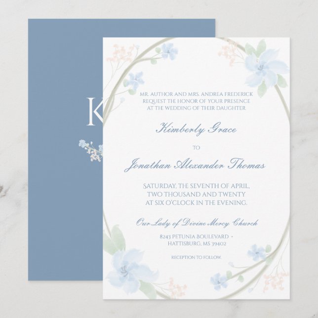 Invitación del Boda Floral Azul (Anverso / Reverso)