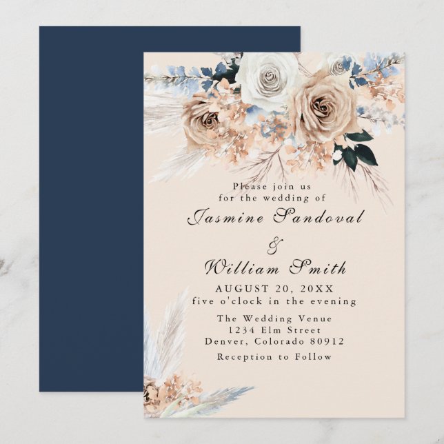 Invitación del Boda Floral Boho Dusty Blue y Beige (Anverso / Reverso)