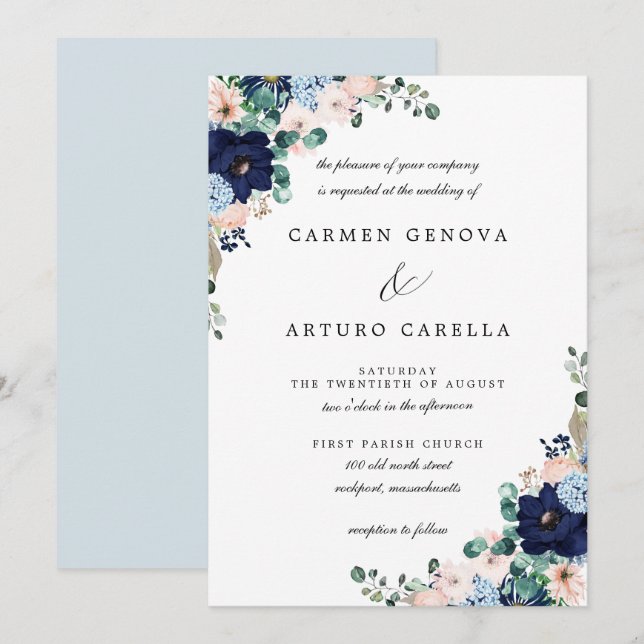 Invitación del Boda floral del Eucalipto Azul Rúst (Anverso / Reverso)