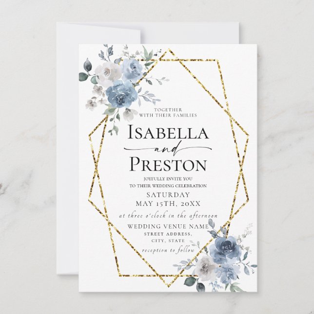 Invitación del Boda floral Dusty Blue Ivory White  (Anverso)