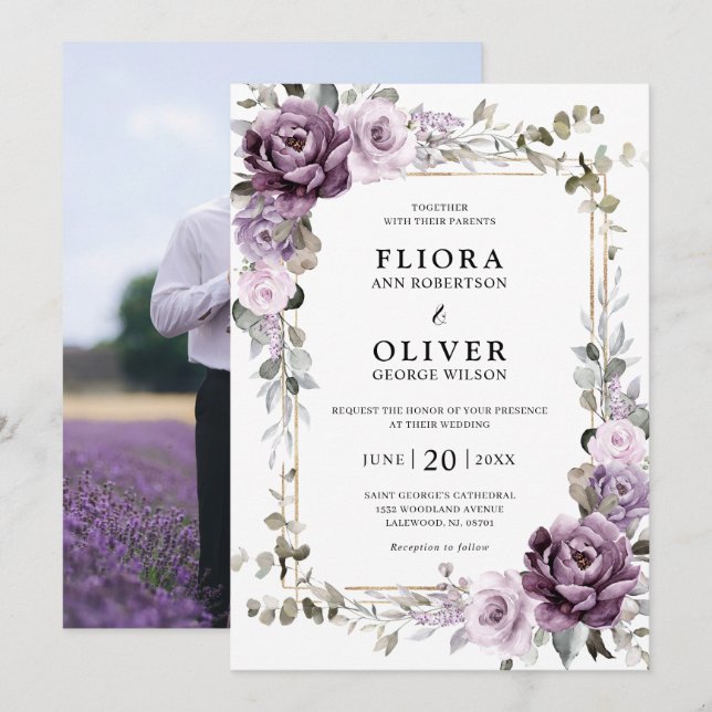 Invitación del Boda Geométrico Dusty Purple Lavend (Anverso / Reverso)