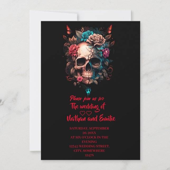 Invitación del Boda gótico del cráneo floral oscur (Anverso)