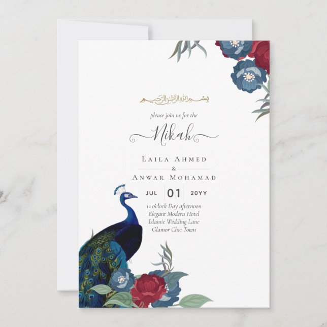 Invitación del Boda islámico NIKAH Peacock Floral  (Anverso)