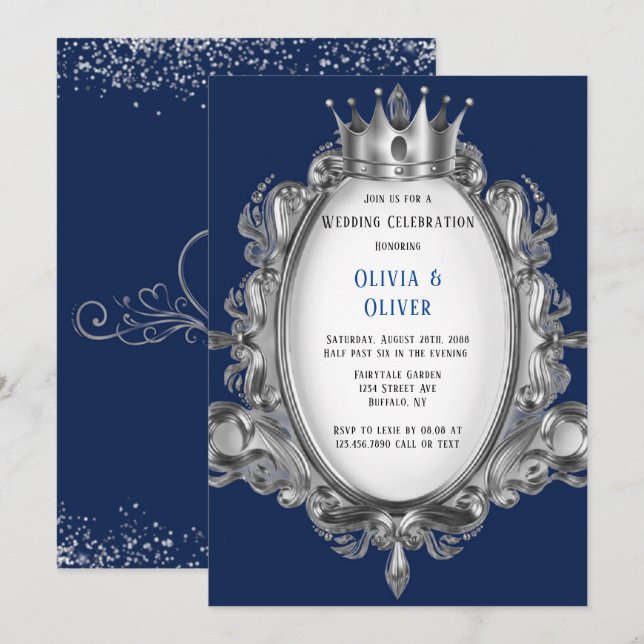 Invitación del Boda Real de marco azul y plateado  (Anverso / Reverso)