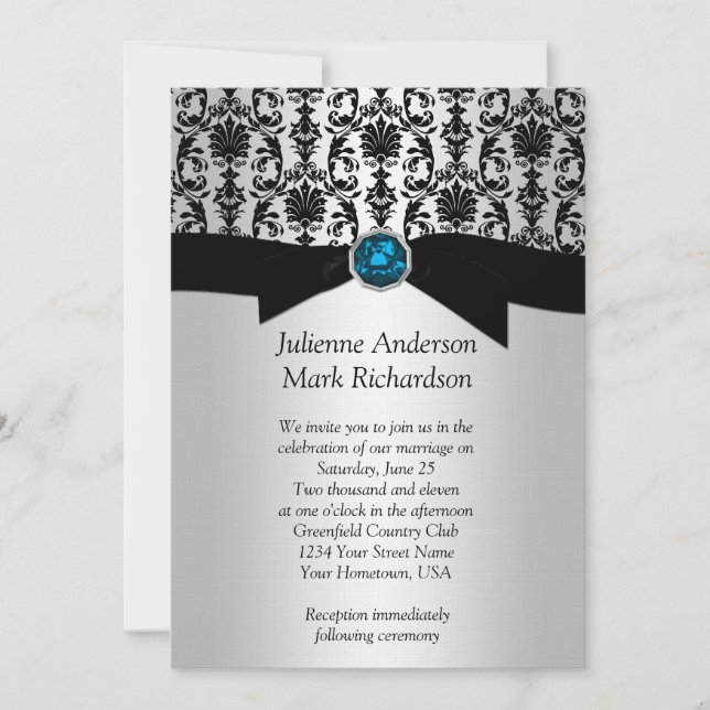 Invitación del Boda turquesa de damasco negro plat (Anverso)