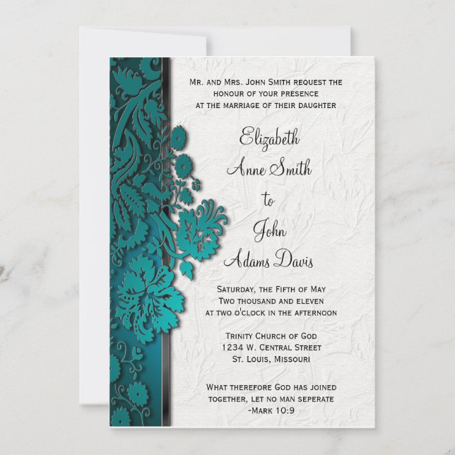 Invitación del Boda Verde azulado del Damasco (Anverso)