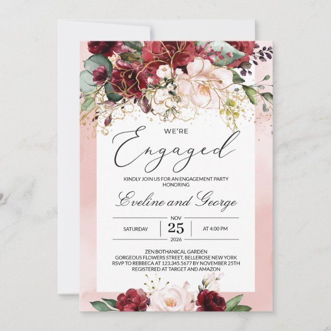 Invitación del Boho Floral Borgoña (Anverso)