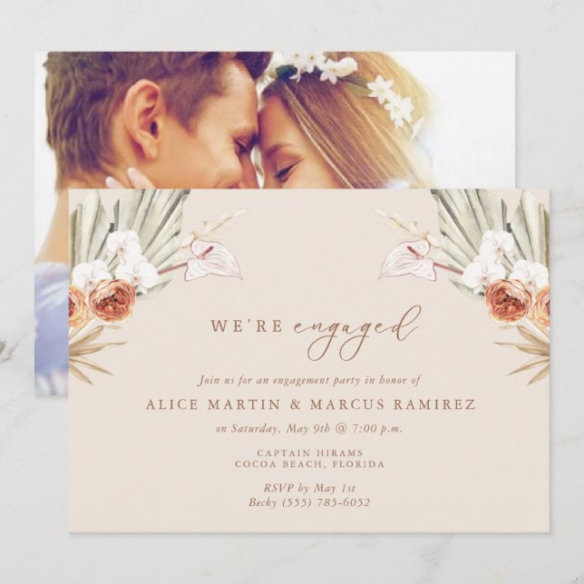 Invitación del Boho Floral Elegant Engagement Part (Anverso / Reverso)