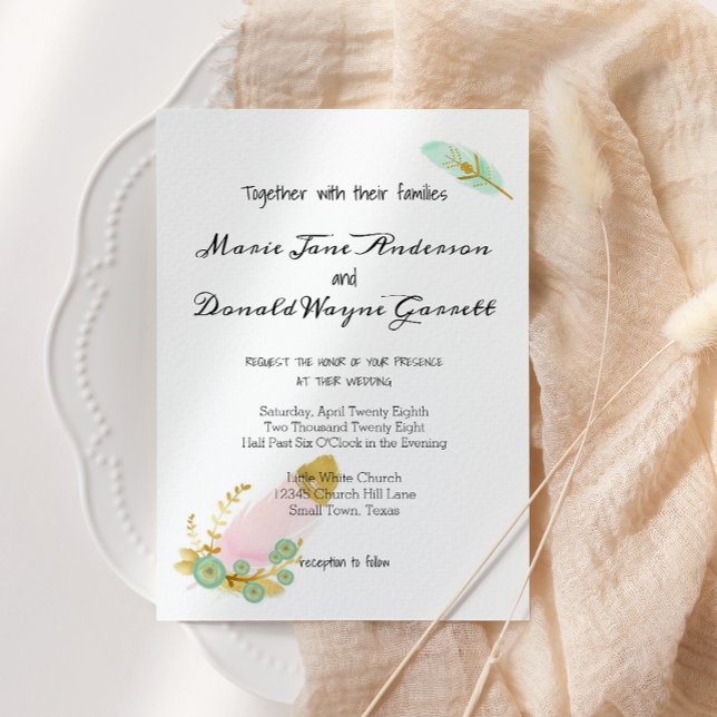 Invitación del Boho Pink and Gold Feathers (Subido por el creador)