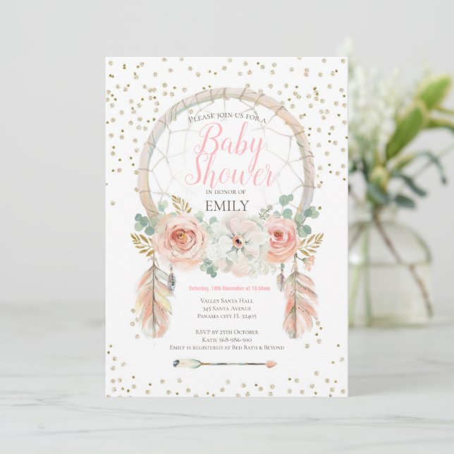 Invitación del Boho Rosa Gold Dream-Catcher (Anverso de pie)