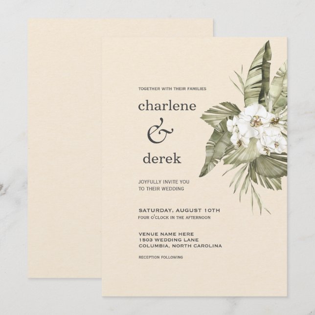 Invitación del Boho Tropical Orquídea Blanca (Anverso / Reverso)