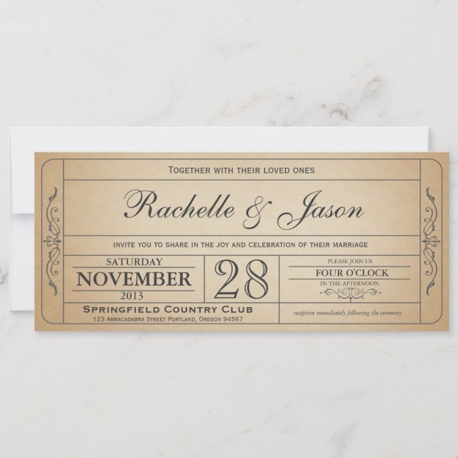Invitación del boleto de la boda del vintage (Anverso)