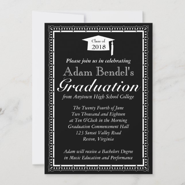 Invitación del certificado de graduación - Negro (Anverso)