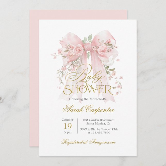 Invitación del Chica Baby Shower Bow Rosado (Anverso / Reverso)