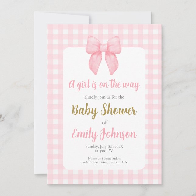 Invitación del Chica Baby Shower Bow Rosado (Anverso)