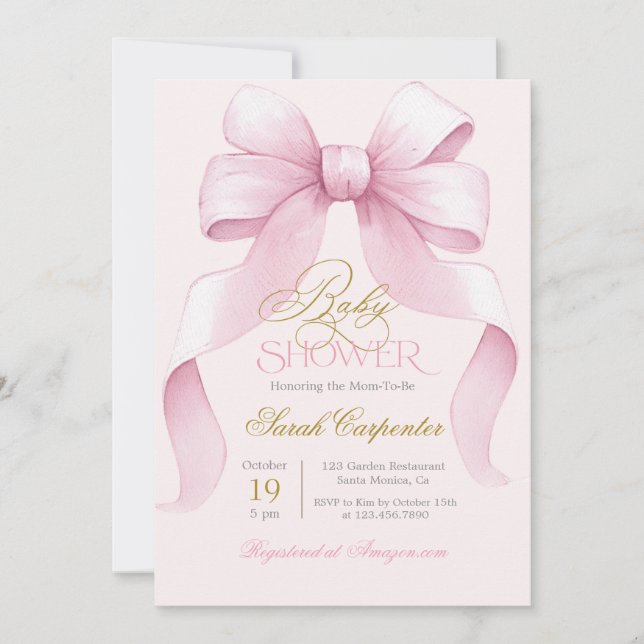 Invitación del Chica Baby Shower Bow Rosado (Anverso)