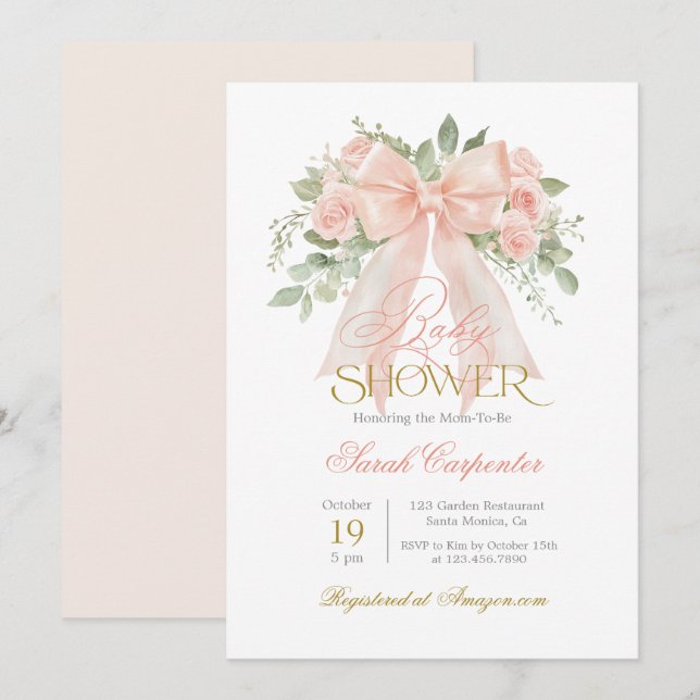 Invitación del Chica Baby Shower de Bow de Peach (Anverso / Reverso)
