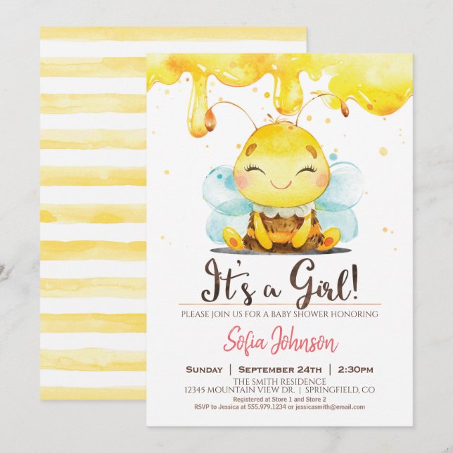 Invitación del Chica Baby Shower de Honey Bee (Anverso / Reverso)