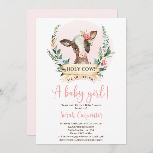 Invitación del chica Baby Shower de la vaca sagrad (Anverso / Reverso)