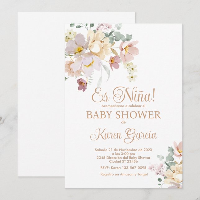 Invitación del Chica Baby Shower de las flores de  (Anverso / Reverso)