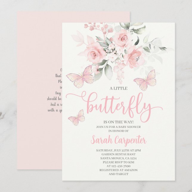 Invitación del Chica Baby Shower de mariposa (Anverso / Reverso)