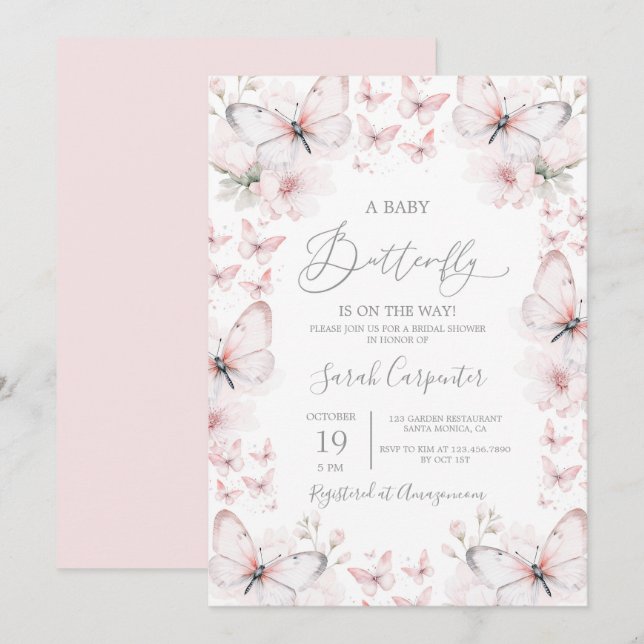 Invitación del Chica Baby Shower de mariposa rosa (Anverso / Reverso)