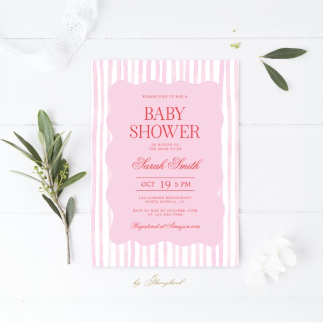 Invitación del Chica Baby Shower de onda rosa roja (Subido por el creador)