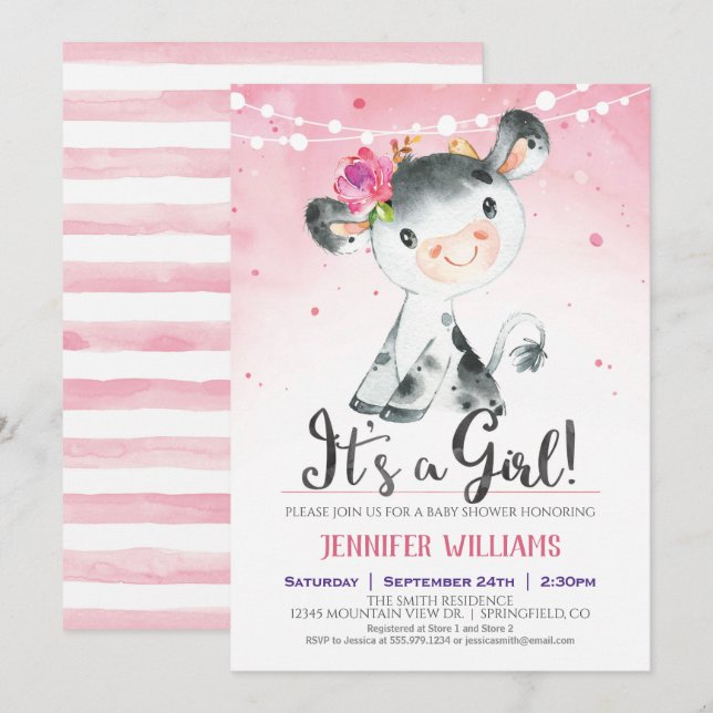 Invitación del Chica Baby Shower de vaca de granja (Anverso / Reverso)