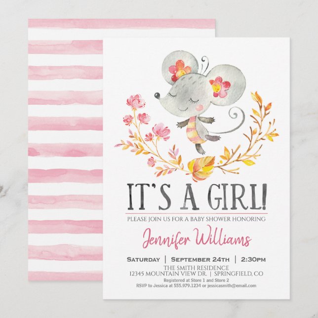 Invitación del Chica Baby Shower del ratón rosa (Anverso / Reverso)