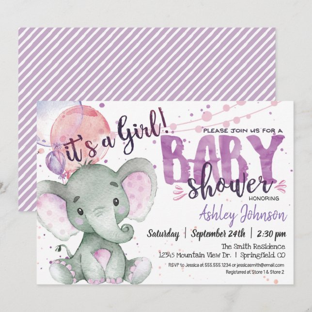 Invitación del chica Baby Shower Purple Elephant (Anverso / Reverso)