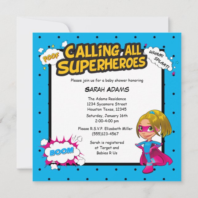 Invitación del Chica Baby Shower Super Hero de his (Reverso)