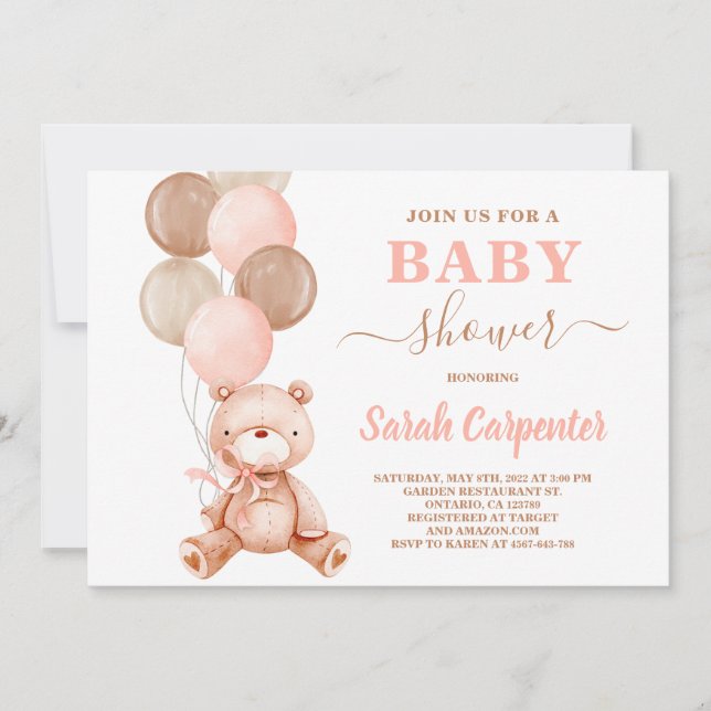 Invitación del Chica Baby Shower Teddy Bear (Anverso)