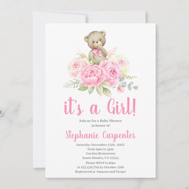 Invitación del Chica Baby Shower Teddy Bear (Anverso)