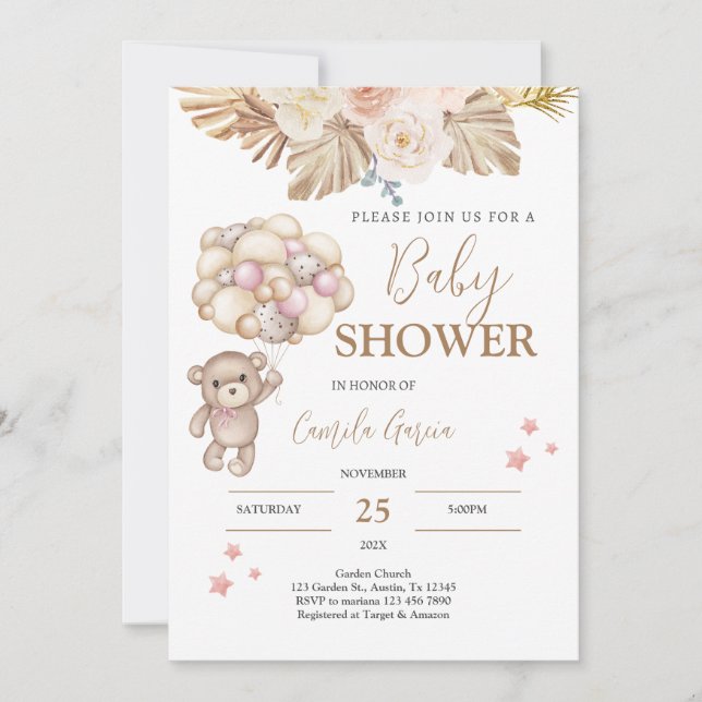 Invitación del Chica Baby Shower Teddy Bear (Anverso)