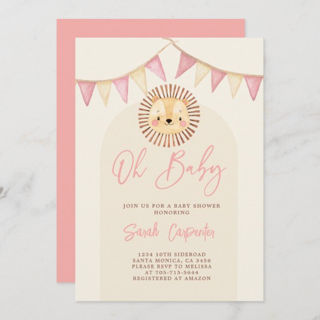Invitación del Chica Boho Cute Lion Baby Shower (Anverso / Reverso)