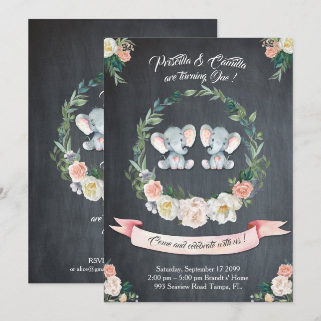 Invitación del chica-chica gemelo elefante, Floral (Anverso / Reverso)