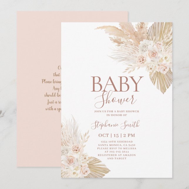 Invitación del Chica de Baby Shower Boho Pampas (Anverso / Reverso)
