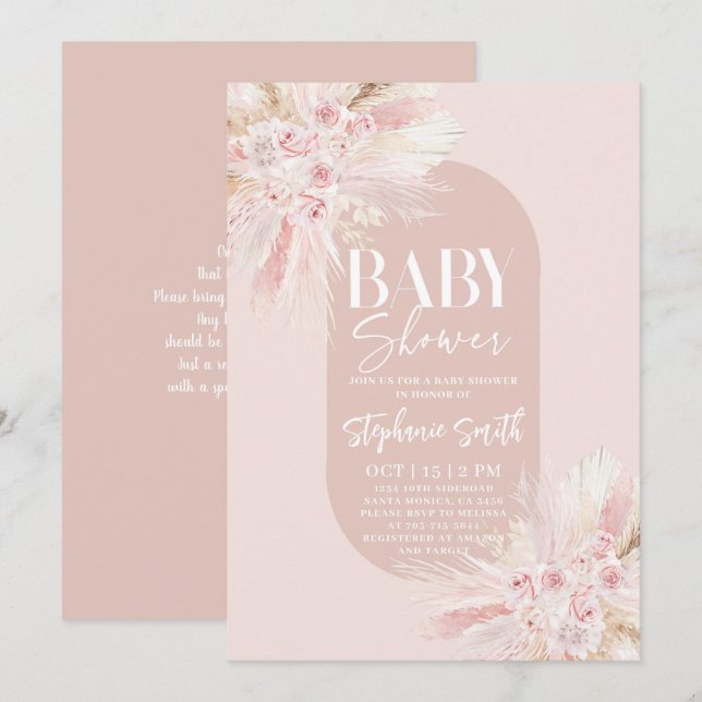 Invitación del Chica de Baby Shower Boho Pink Pamp (Anverso / Reverso)