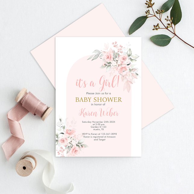 Invitación del Chica de Baby Shower con flores ros (Subido por el creador)