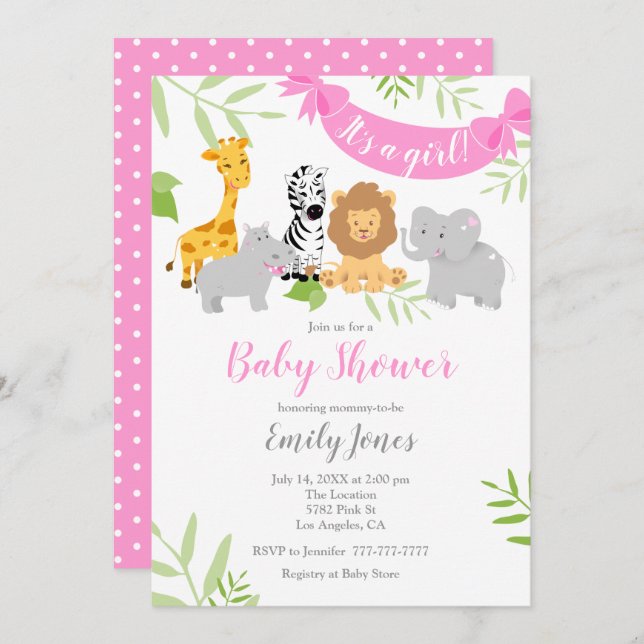 Invitación del Chica de Baby Shower de animales sa (Anverso / Reverso)