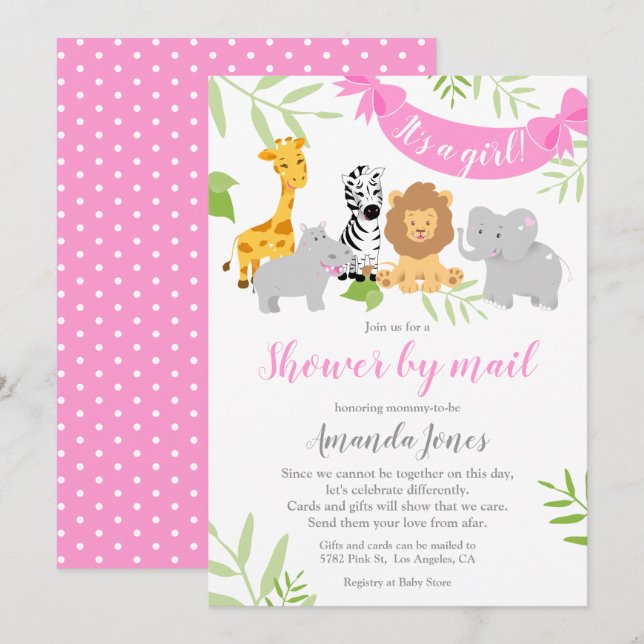 Invitación del Chica de Baby Shower de animales sa (Anverso / Reverso)