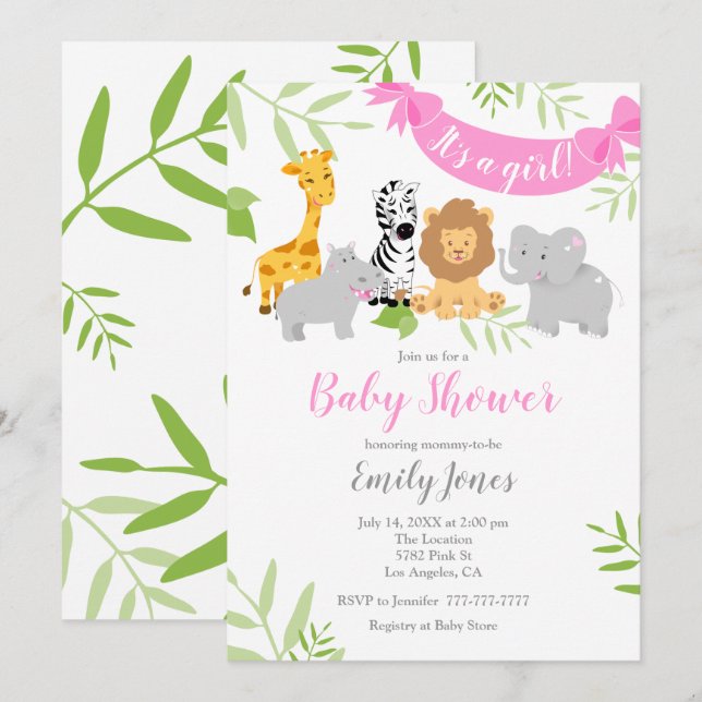 Invitación del Chica de Baby Shower de animales sa (Anverso / Reverso)