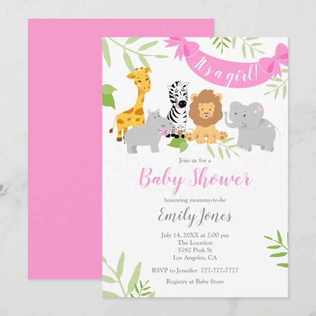 Invitación del Chica de Baby Shower de animales sa (Anverso / Reverso)