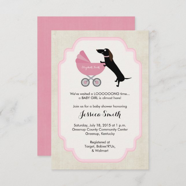 Invitación del Chica de Baby Shower de Dachshund (Anverso / Reverso)