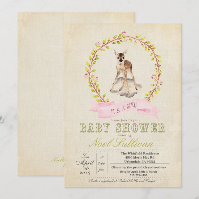 Invitación del chica de Baby Shower de los ciervos (Anverso / Reverso)